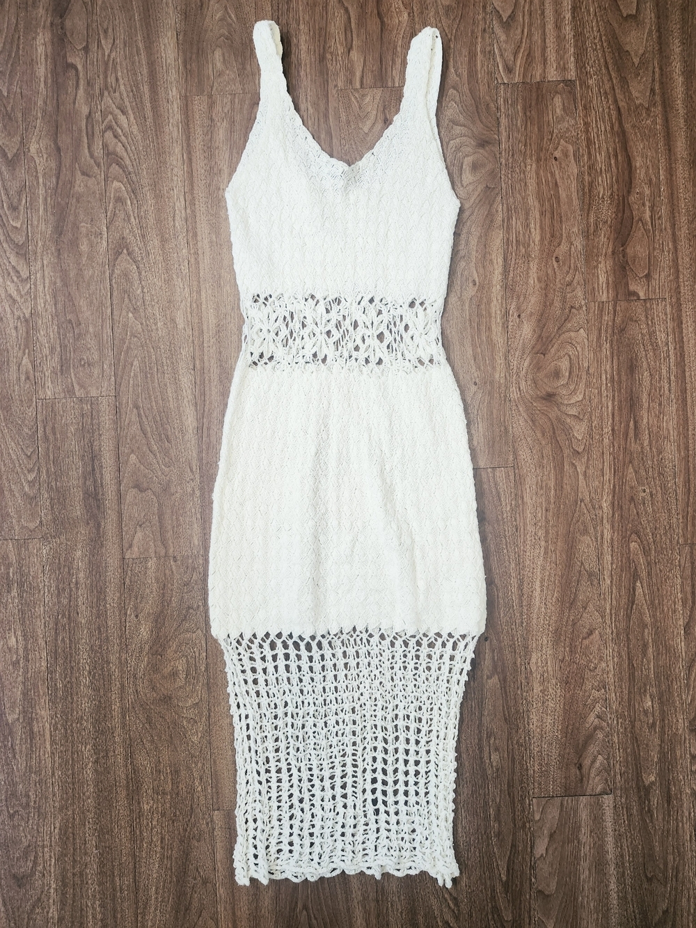 Off-White Boho Crochet Midi Dress with Sheer Panels Fits XS/S